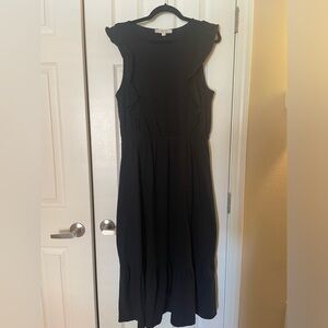 LOFT Womens Maxi Dress Size L Black Sleeveless Tiered Ruffle Trim - NWT
